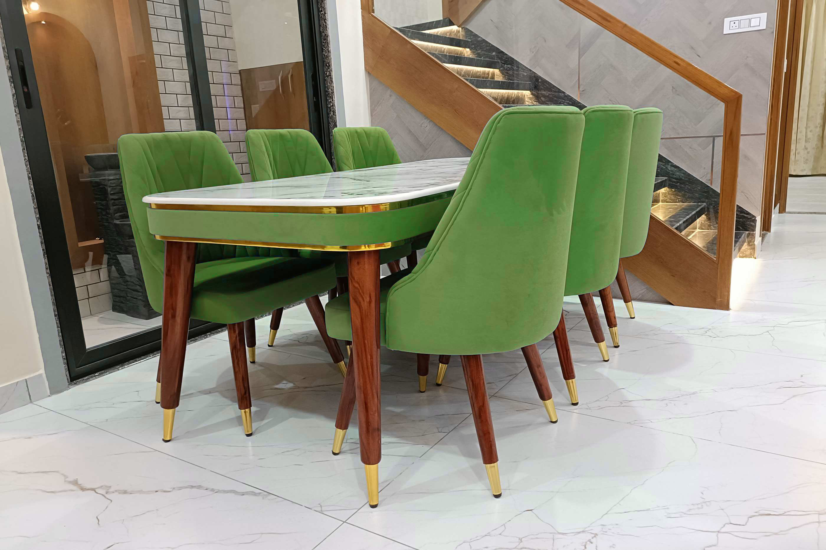 Solo green dining table set with 6 chairs