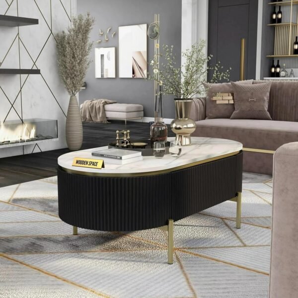 WOODEN SPACE Premium Marble-Top Center Table with Iron Legs | PVD Coated Modern Coffee Table for Living Room & Entryway | 42x24x18 Inches